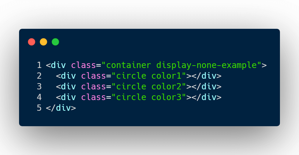 Display none HTML example with 3 circles