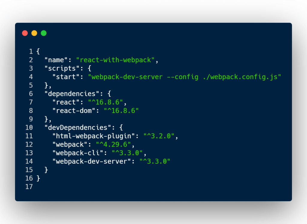Package.json file with react and webpack dev dependencies