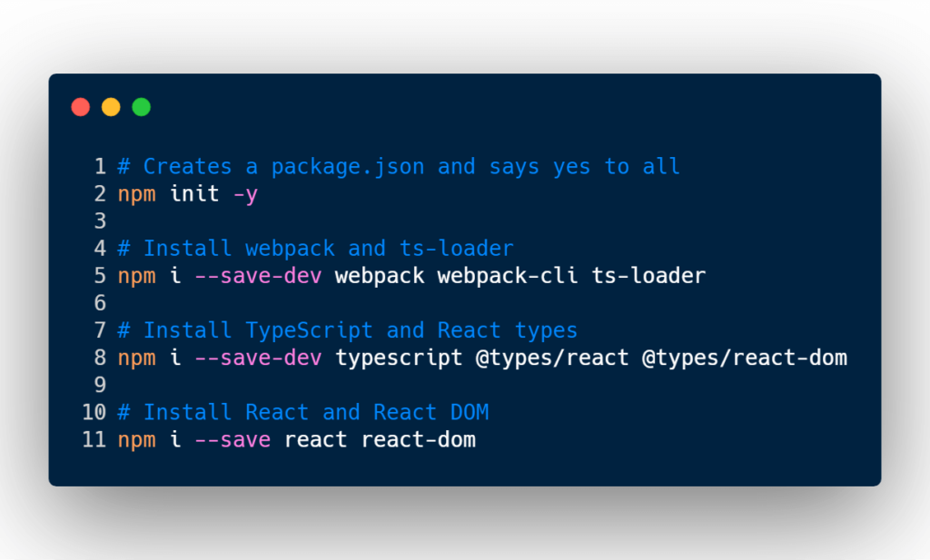 NPM installing Webpack, React, and TypeScript dependencies.