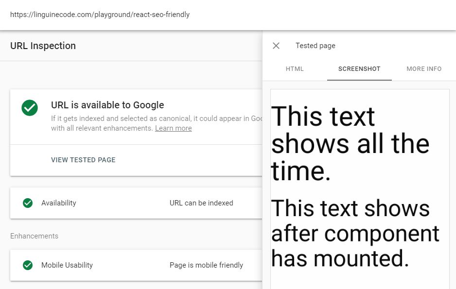 Google search console screenshot of React client side page