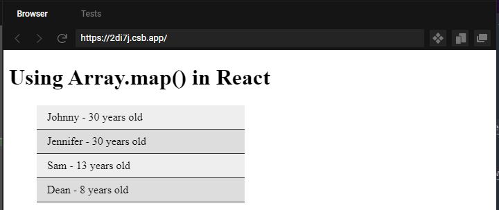 Output example of using Array.map() in React